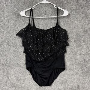 Longitude One Piece Swimsuit Size14 Black Tiered Ruffle Sparkle Sequin Polka Dot